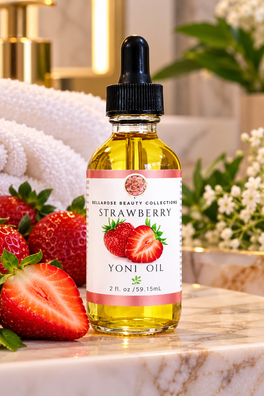 Strawberry Yoni Oil on a marble ledge with fresh strawberries