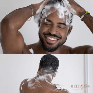 Black man taking a shower using a natural bar soap